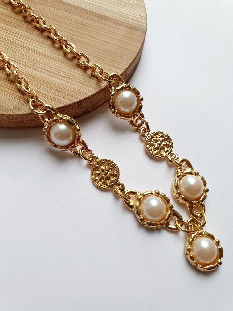 Vintage Gold Plated Statement Chain Necklace with Pearl Charm by Legacy