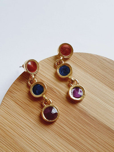 Vintage Gold Plated Drop Earrings with Red, Blue & Purple Enamel