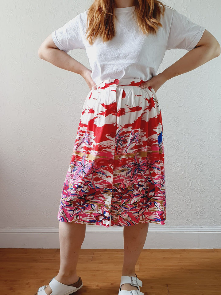 Vintage Handmade White & Red Tropical Pattern Skirt - M