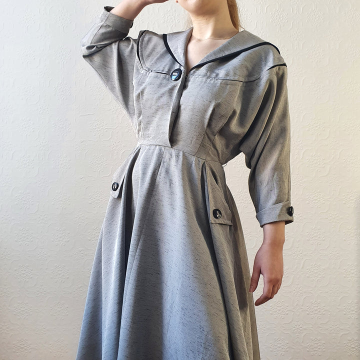 80s Grey Full Skirt Dress - M