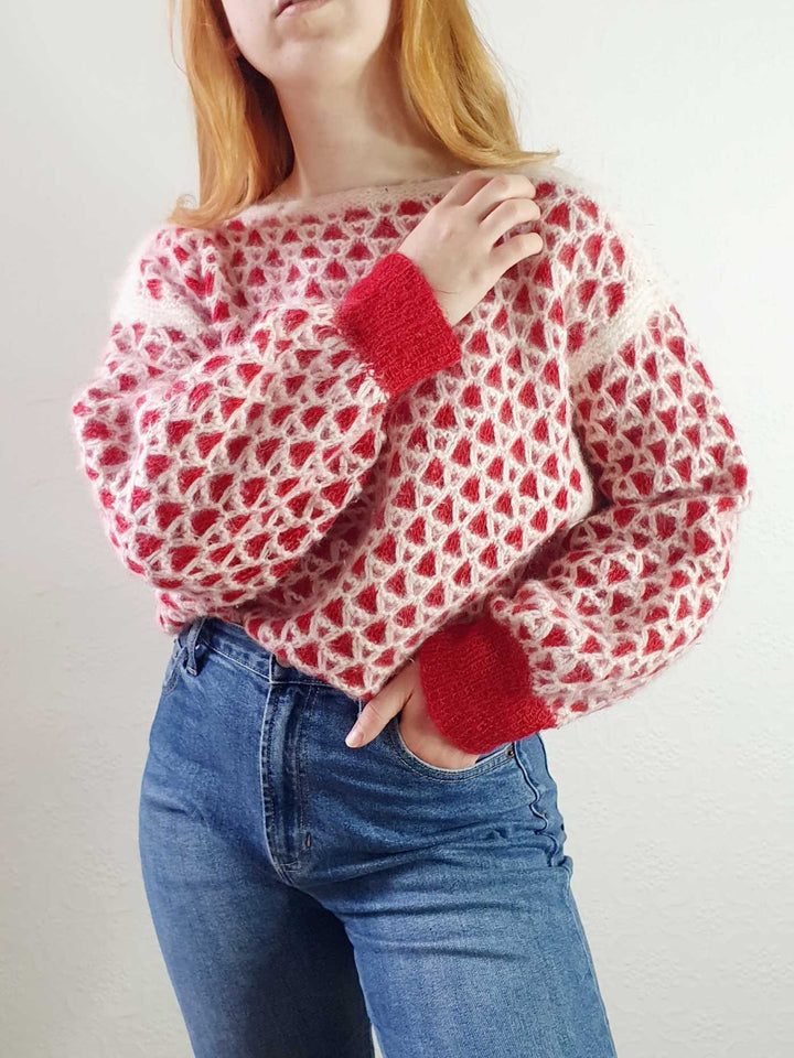 Vintage Red and White Boat Neck Angora Jumper - L/XL