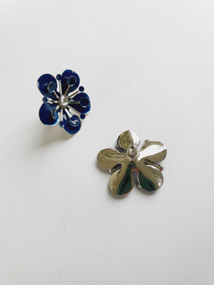 Vintage Silver Toned Blue Flower Stud Earrings