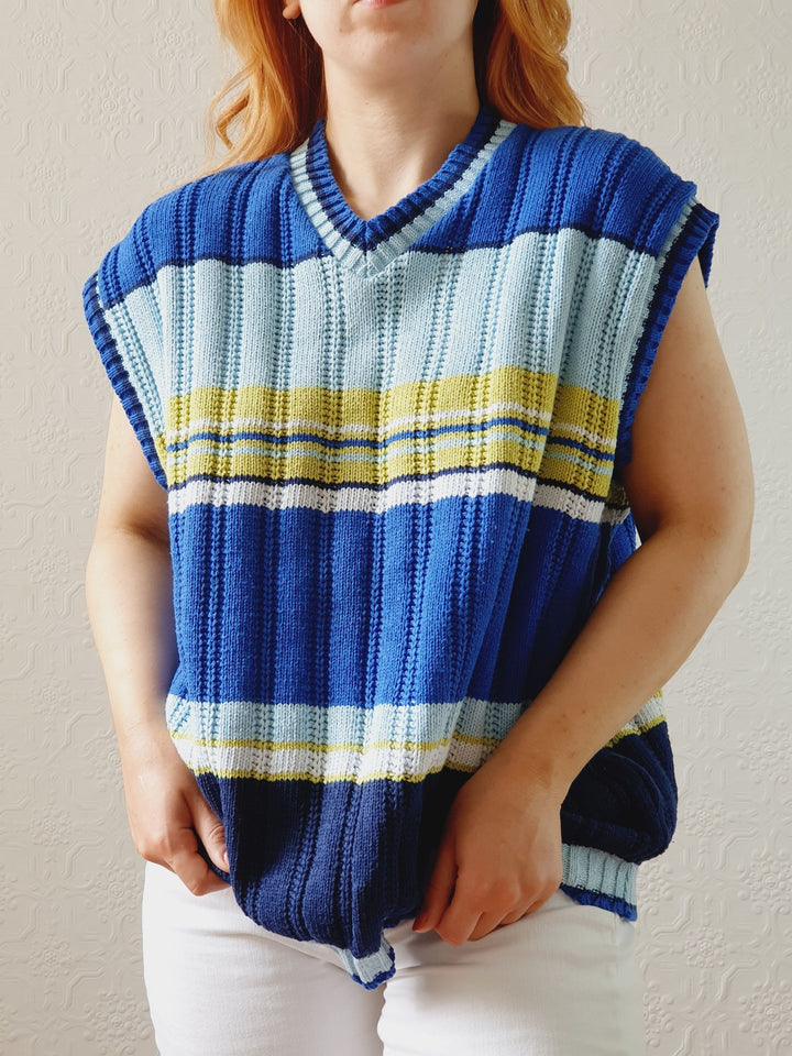 Vintage Blue & Green Striped Cotton V-Neck Vest - L/XL