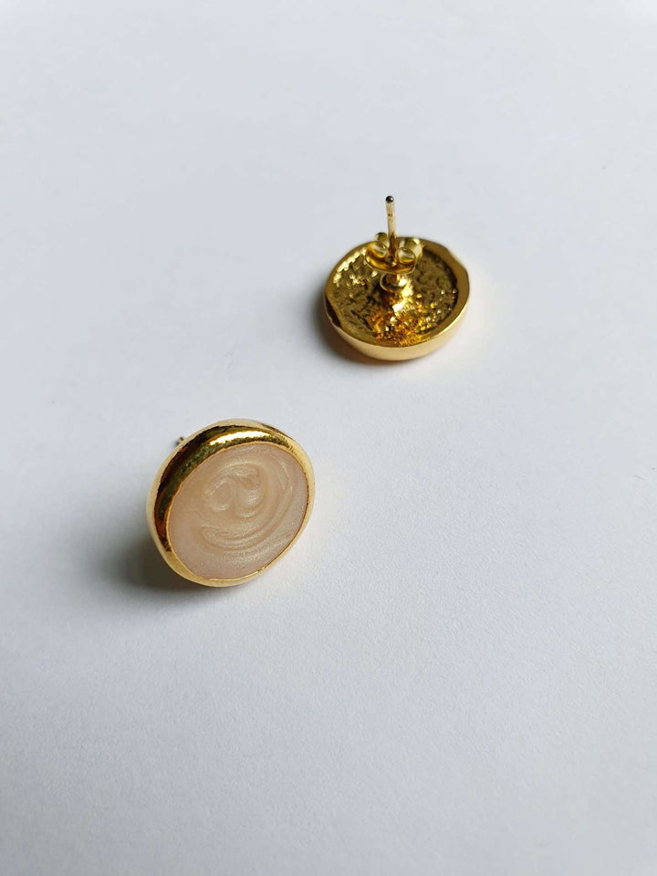 Vintage Gold Plated Beige Enamel Round Stud Earrings