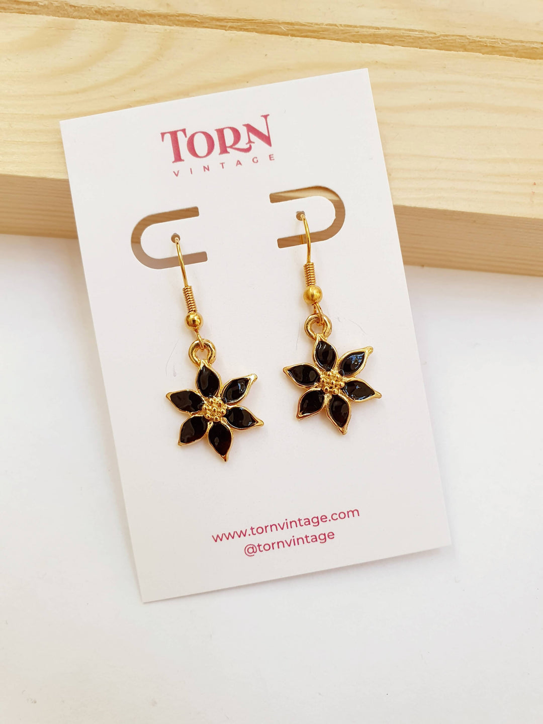 Vintage Gold Plated Black Enamel Drop Flower Earrings