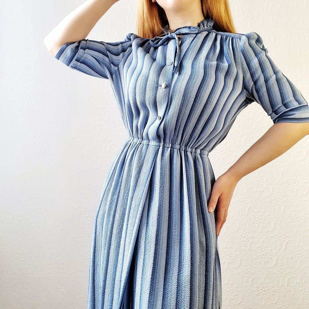 Vintage 100% Silk Blue Striped Dress - M