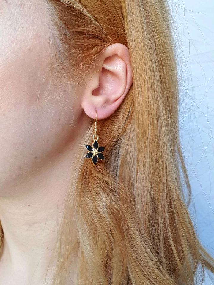 Vintage Gold Plated Black Enamel Drop Flower Earrings