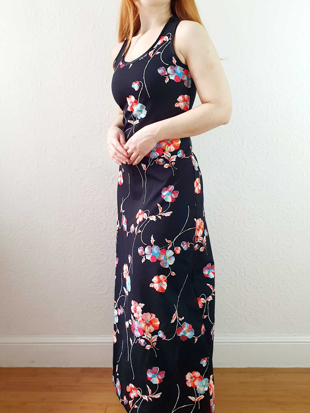 Vintage Handmade 90s Black Floral Sleeveless Maxi Slip Dress - XS/S