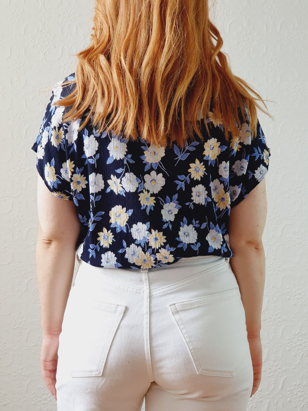 Vintage 90s Navy Floral Blouse - S/M