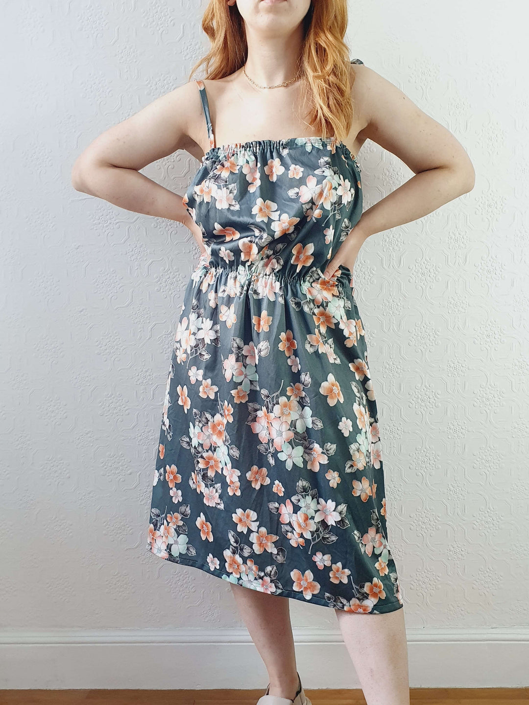 Vintage Handmade Green Floral Spaghetti Strap Dress - L/XL