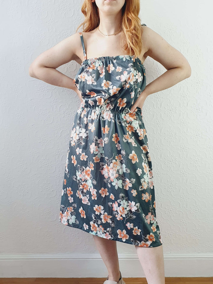 Vintage Handmade Green Floral Spaghetti Strap Dress - L/XL