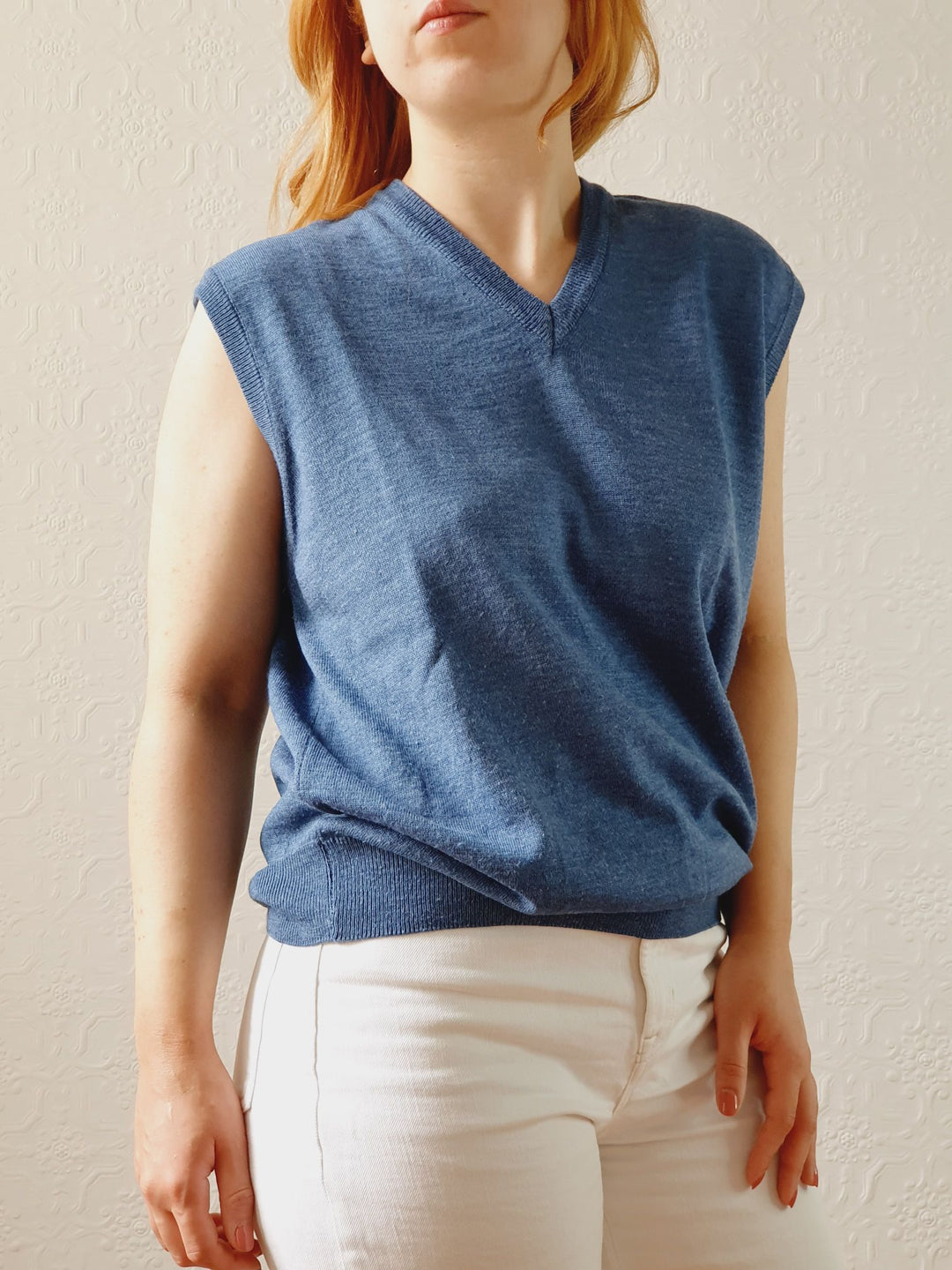 Vintage Muted Blue Wool V-Neck Vest - L