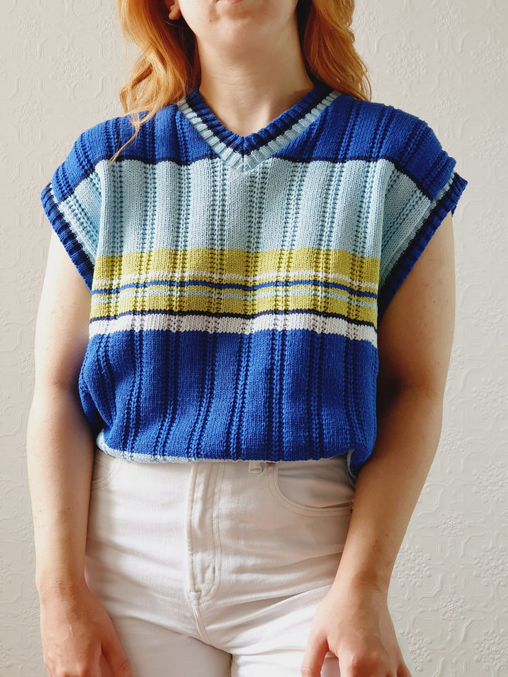 Vintage Blue & Green Striped Cotton V-Neck Vest - L/XL