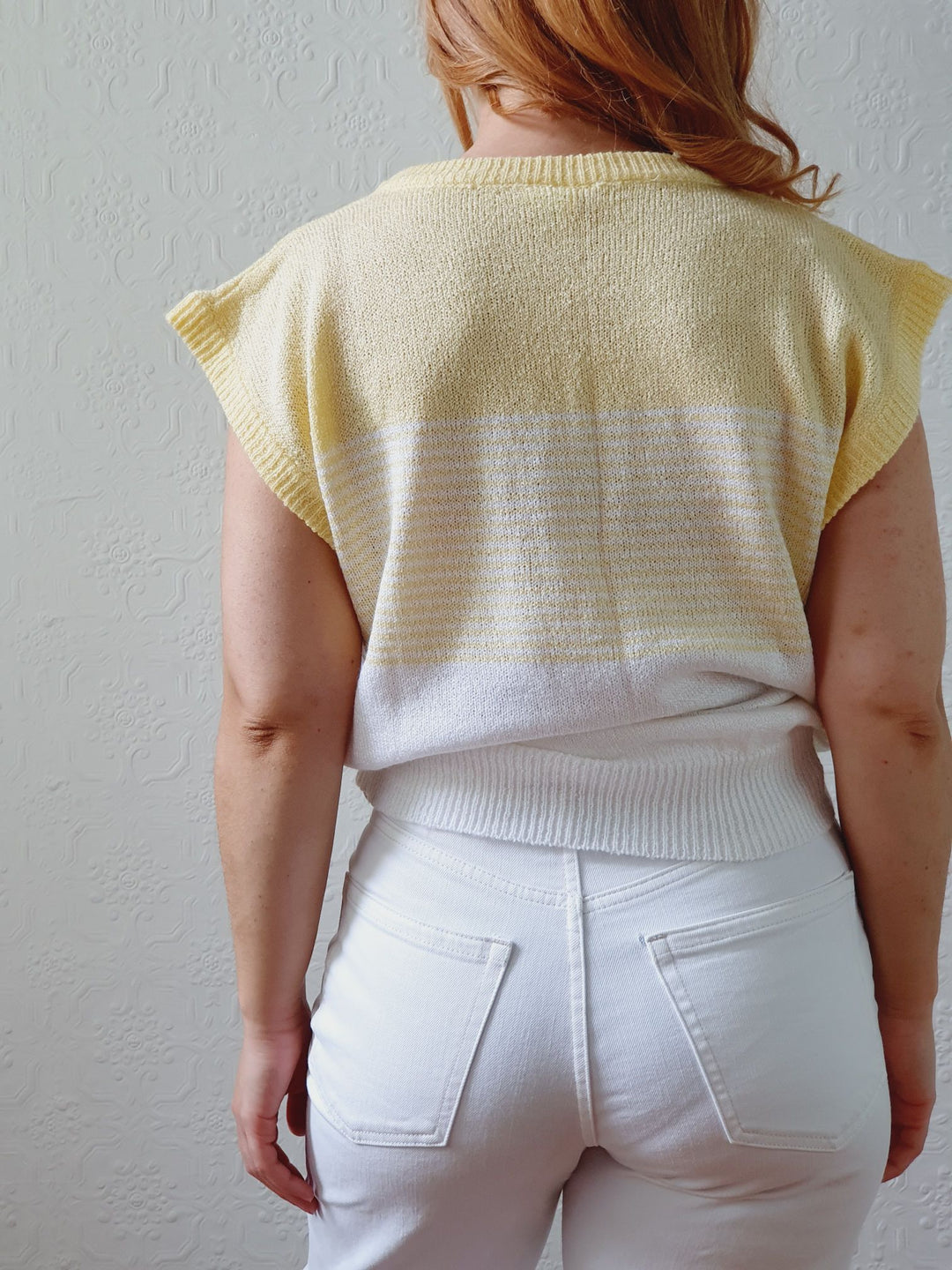 Vintage 70s White & Yellow Knitted Vest - M/L