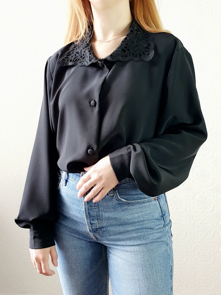 Vintage Black Collared Blouse - XL