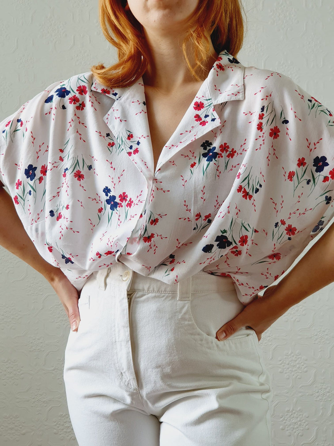 Vintage 80s White Cap Sleeve Floral Blouse - XL/XXL