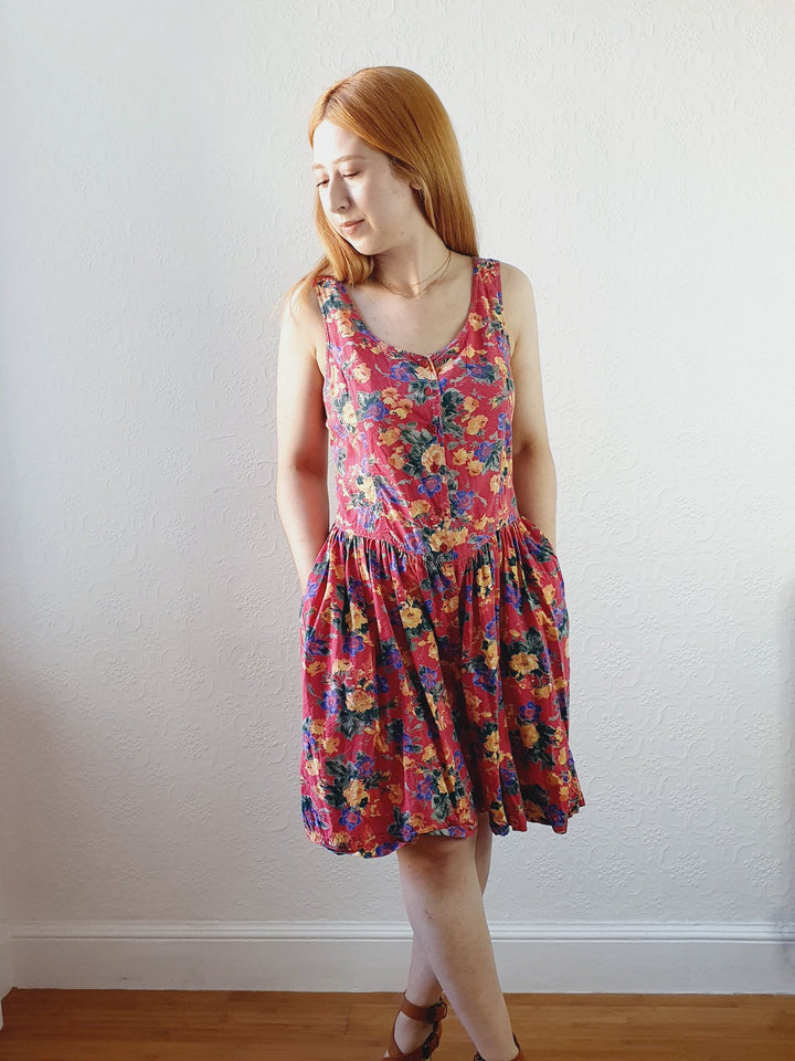 Vintage 80s Red Floral Playsuit - M