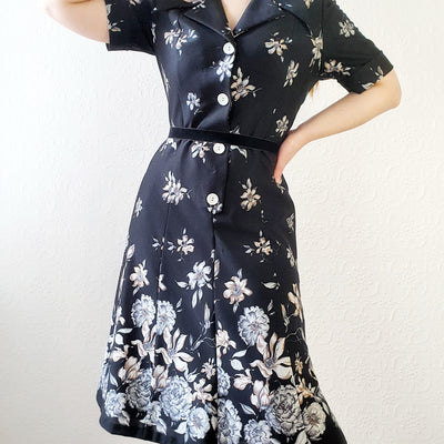70s Black Floral Dress - M