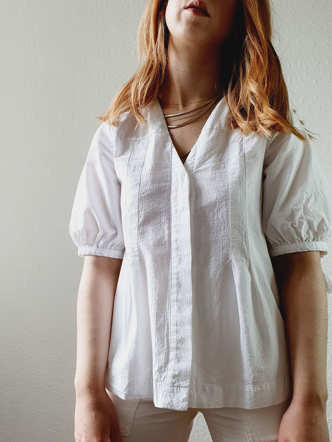 White Puff Sleeve Cotton Blouse - S