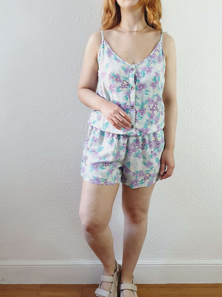 Vintage 80s Pastel Floral Spaghetti Strap Playsuit - S/M