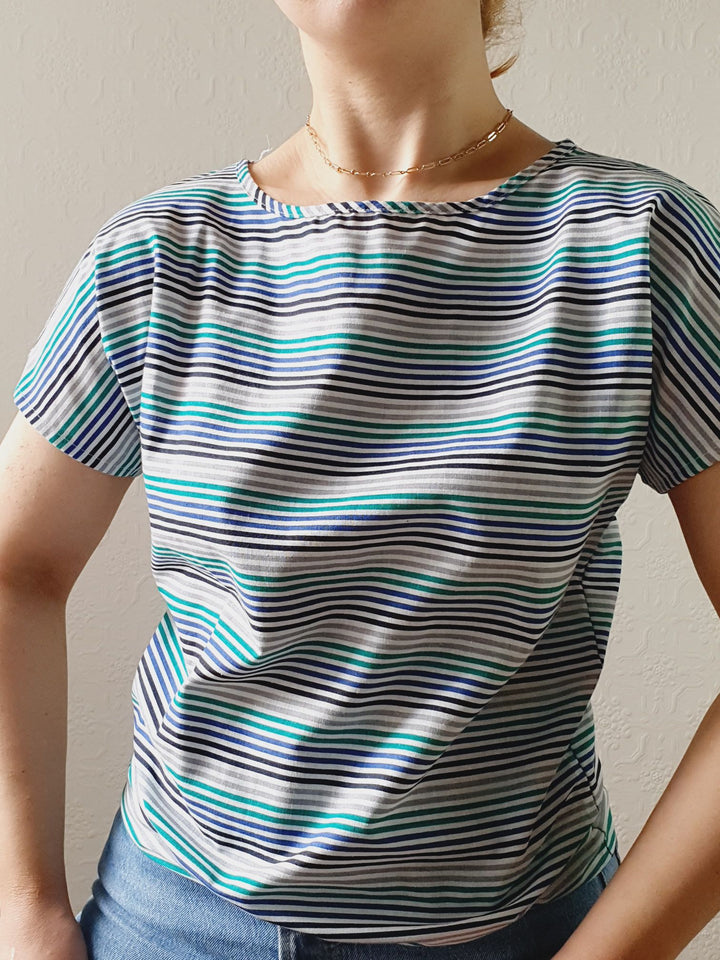 Vintage 80s Blue & Green Striped Tee with Batwing Short Sleeves - S