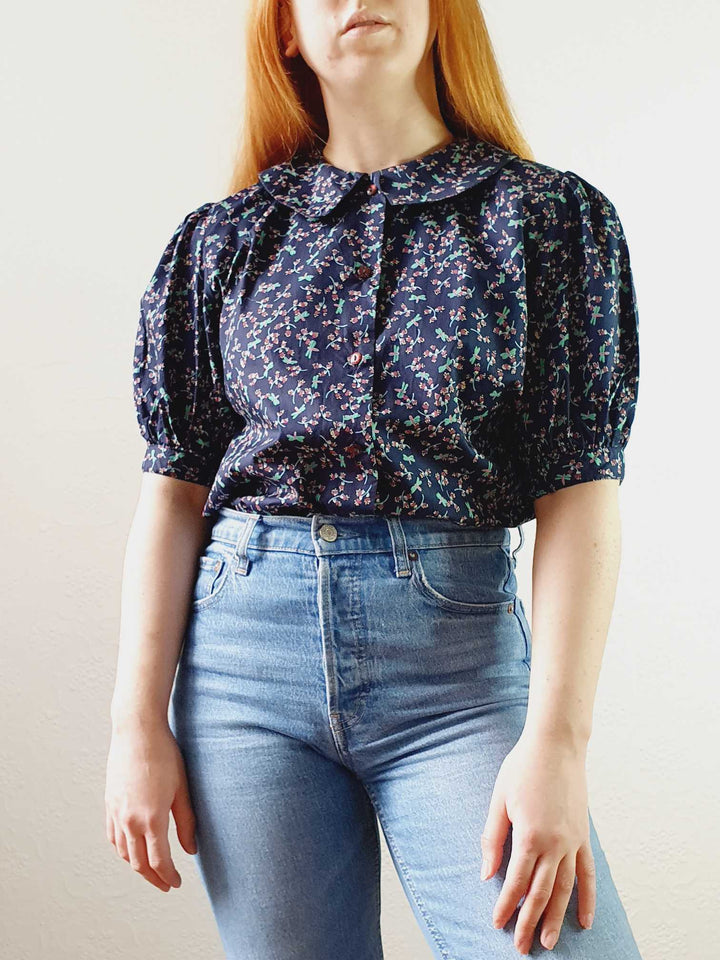 Vintage Navy Floral Puff Sleeve Cotton Blouse - S/M