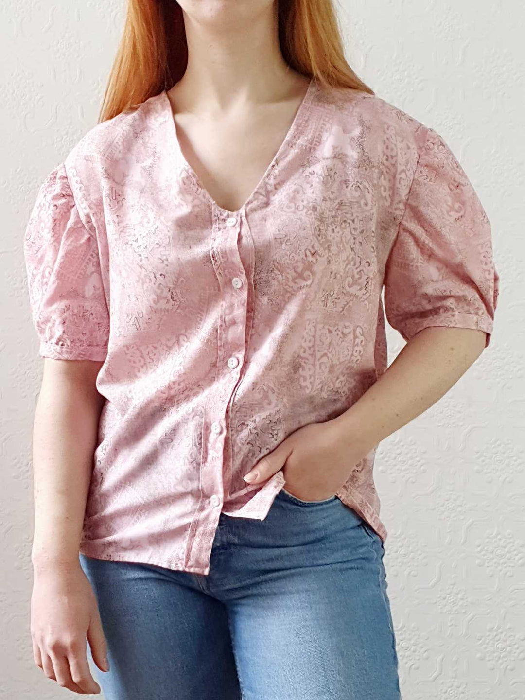 Vintage Pink Puff Sleeve V-Neck Blouse - M/L