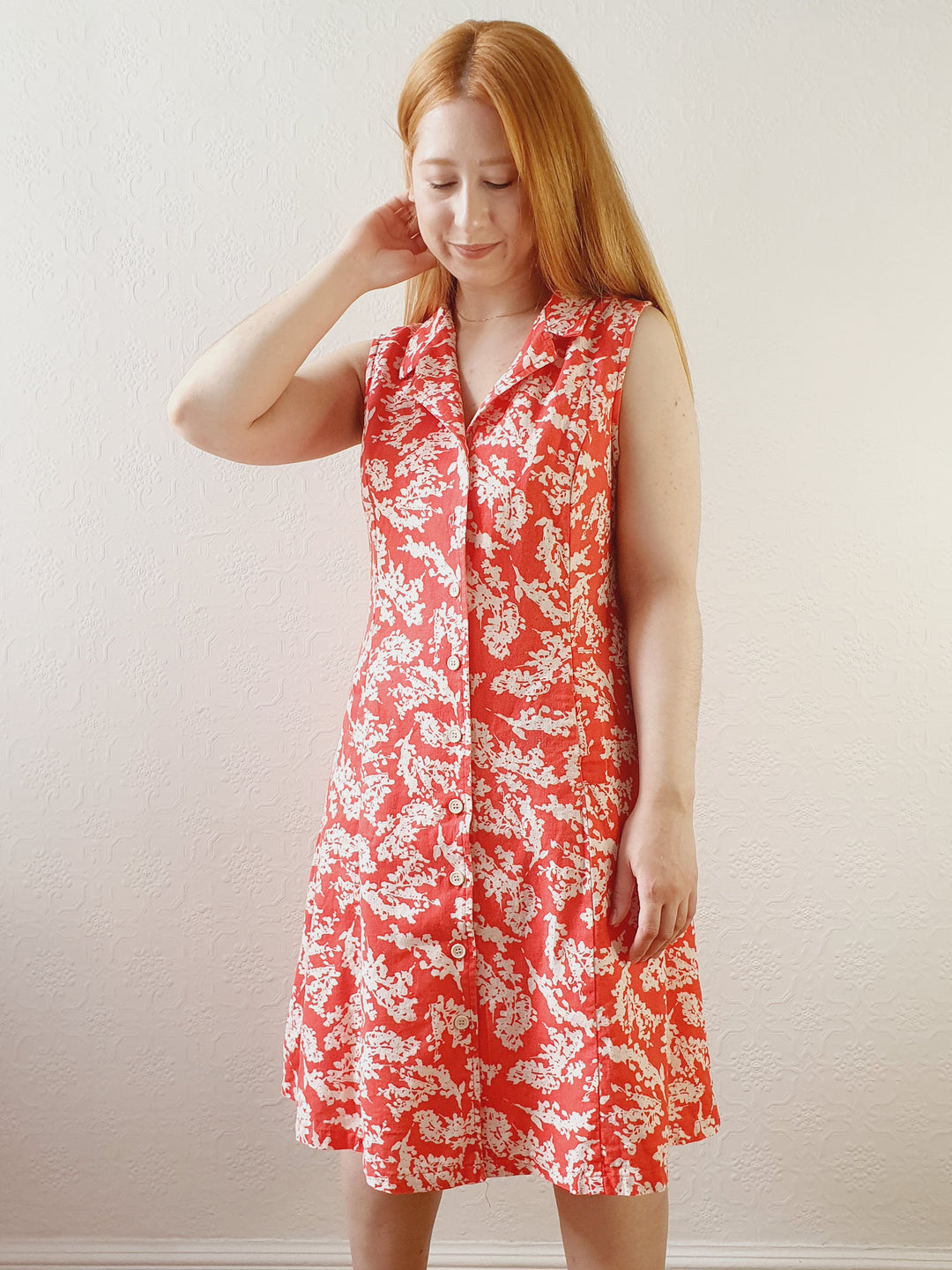 Red & White Floral Linen Dress - M