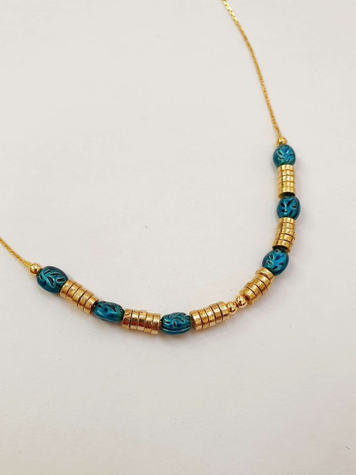 Vintage Gold Plated Fine Chain Necklace with Beads - Blue