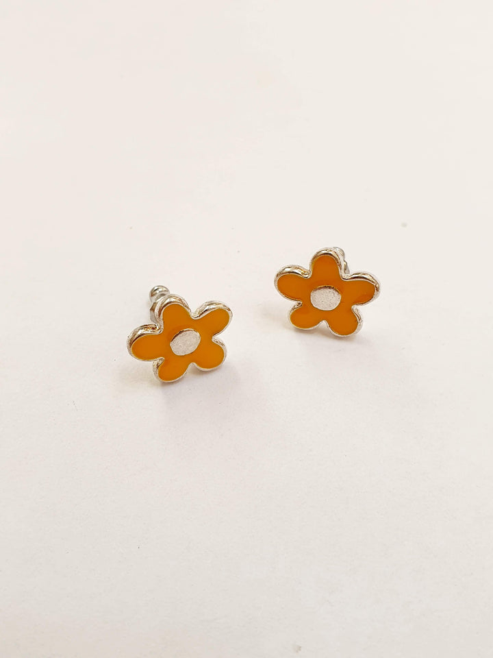 Vintage Silver Plated Mustard Enamel Flower Stud Earrings