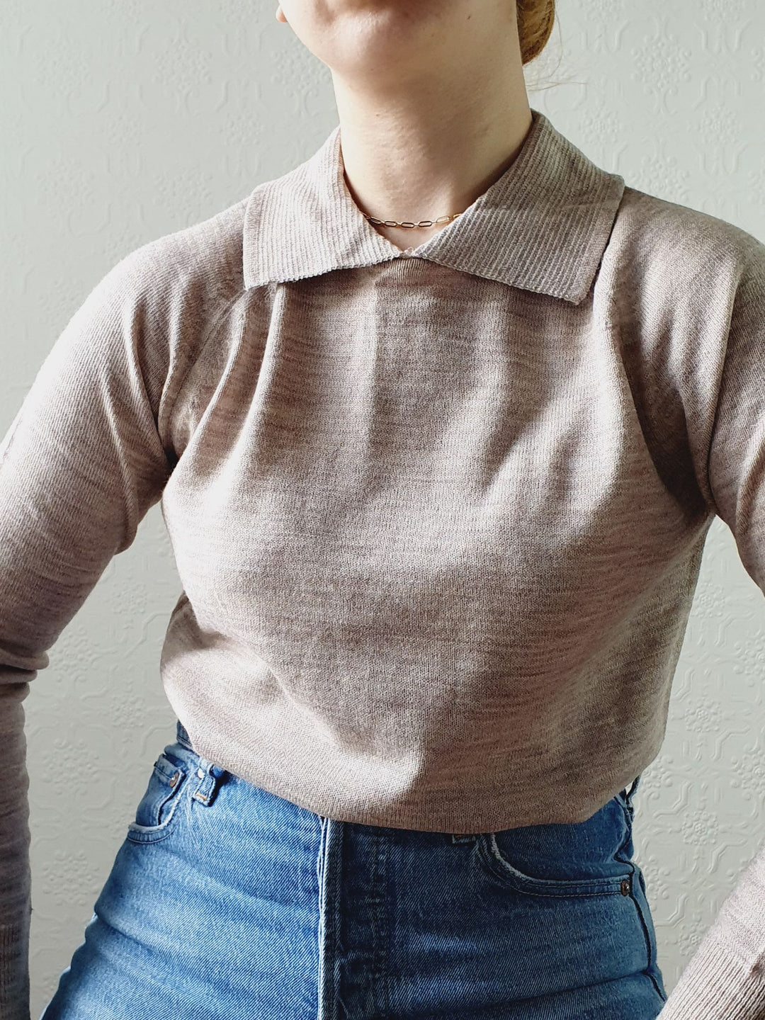 Vintage Taupe Polo Style Long Sleeve Jumper with Collared Neck - XS