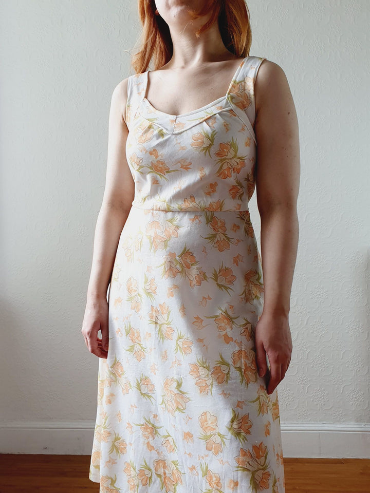 Vintage Cream Floral Sleeveless Dress - S/M