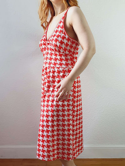Vintage Red & White Houndstooth Sleeveless Dress - M