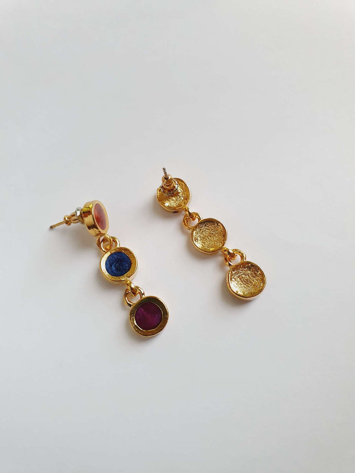 Vintage Gold Plated Drop Earrings with Red, Blue & Purple Enamel