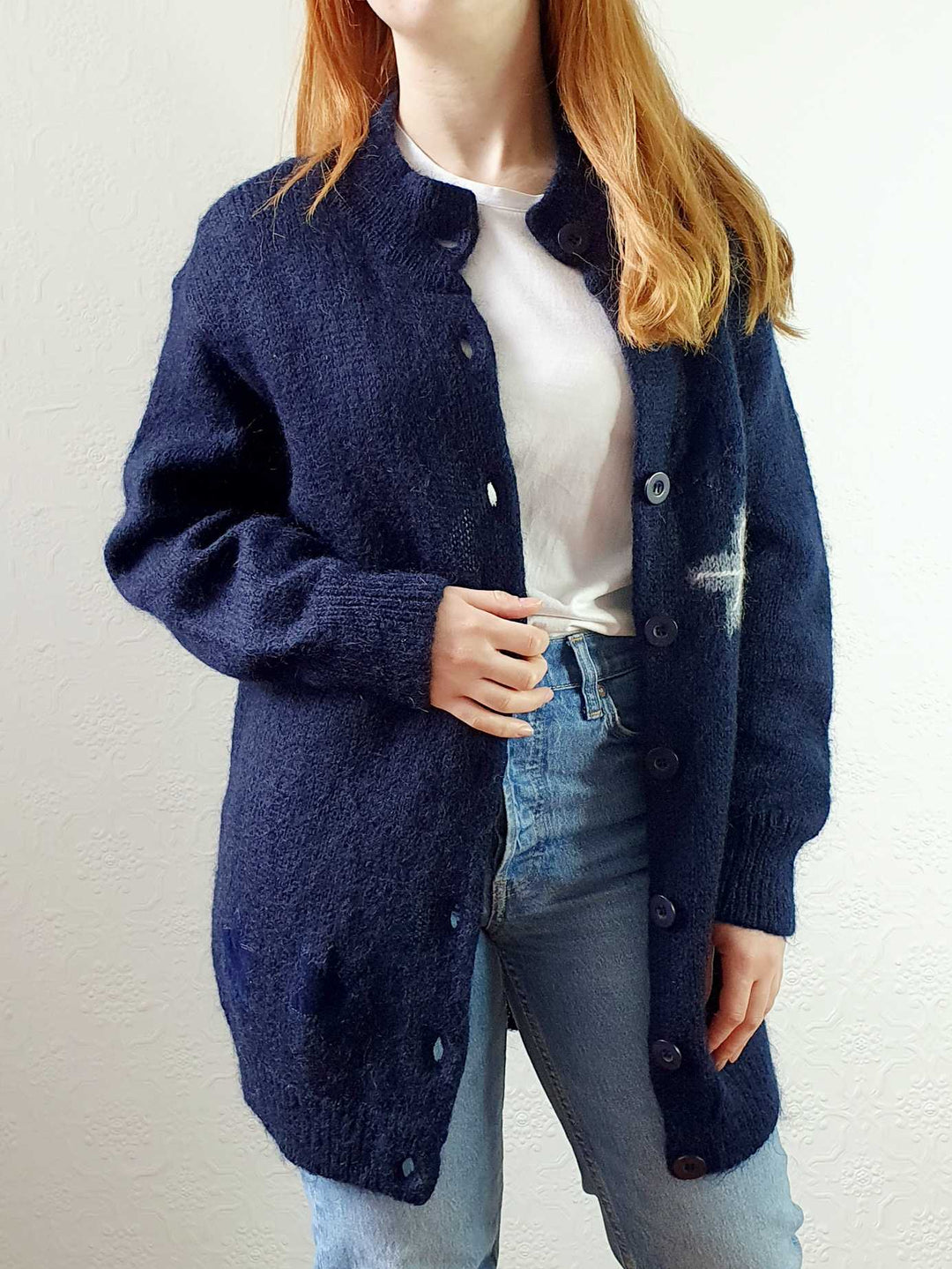 Vintage Navy Wool Long Cardigan with Embroidered Detail - M