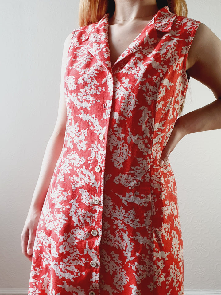 Red & White Floral Linen Dress - M