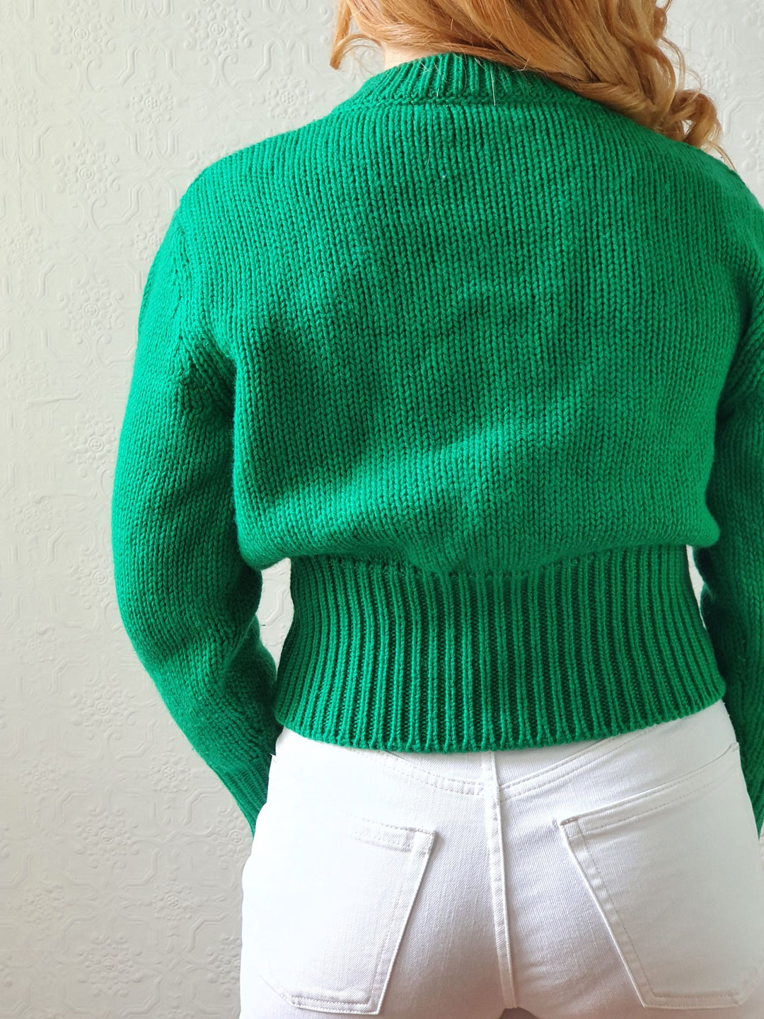 Vintage V-Neck Wool Green Aran Jumper - S