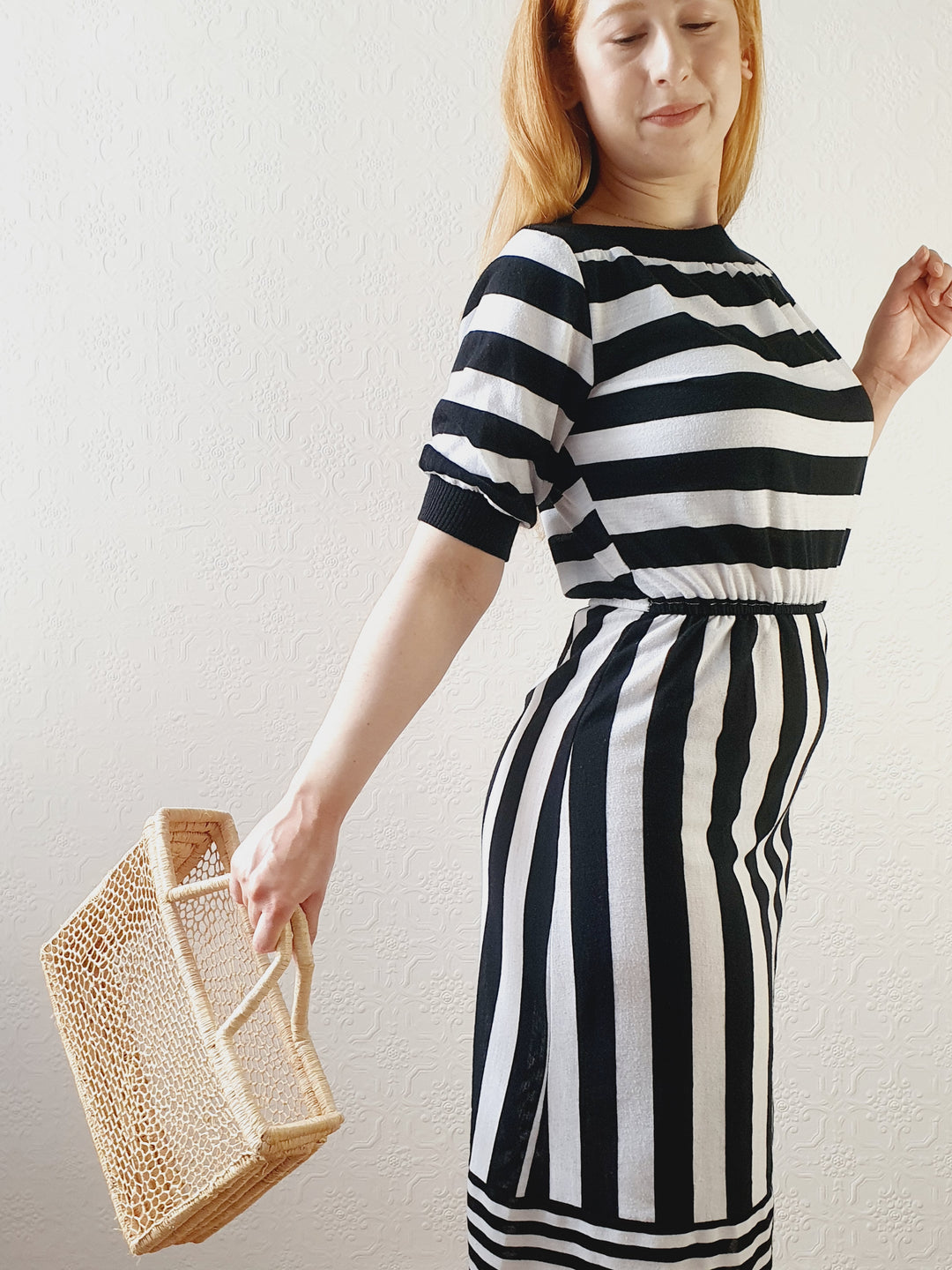 Black & White Striped Fitted Dress - S