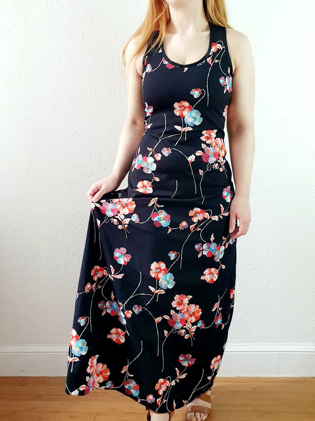 Vintage Handmade 90s Black Floral Sleeveless Maxi Slip Dress - XS/S