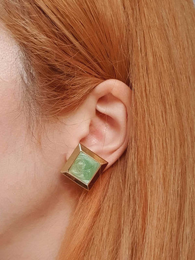 Vintage Gold Plated Green Enamel Stud Earrings