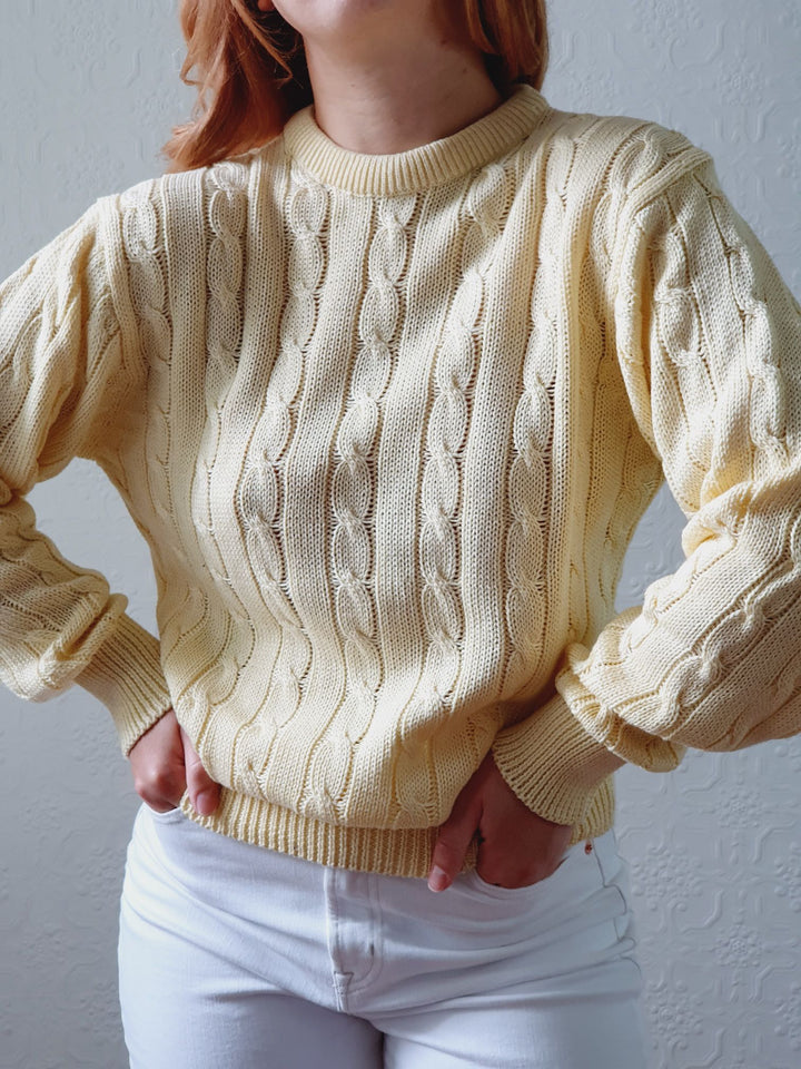 Vintage Pale Yellow Cable Knit Cotton Jumper - M