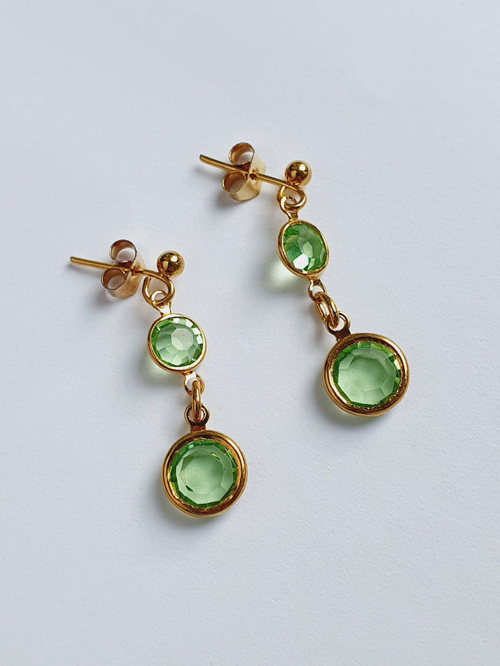 Vintage Gold Plated Green Crystal Drop Earrings