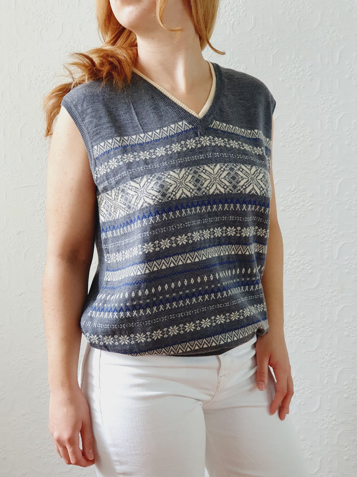 Vintage Grey Fairisle Wool V-Neck Vest - M