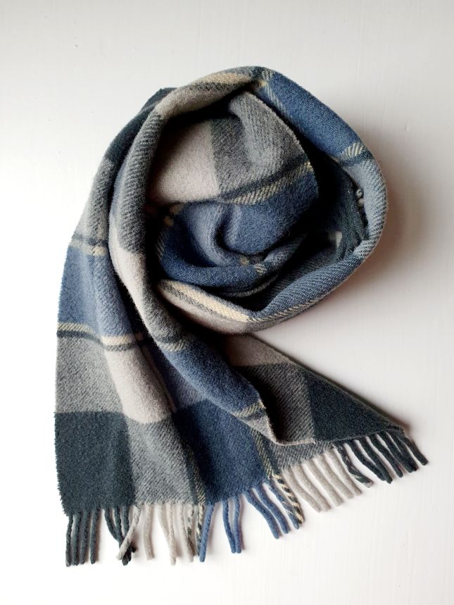 Vintage Muted Blue and Grey Checked Scarf