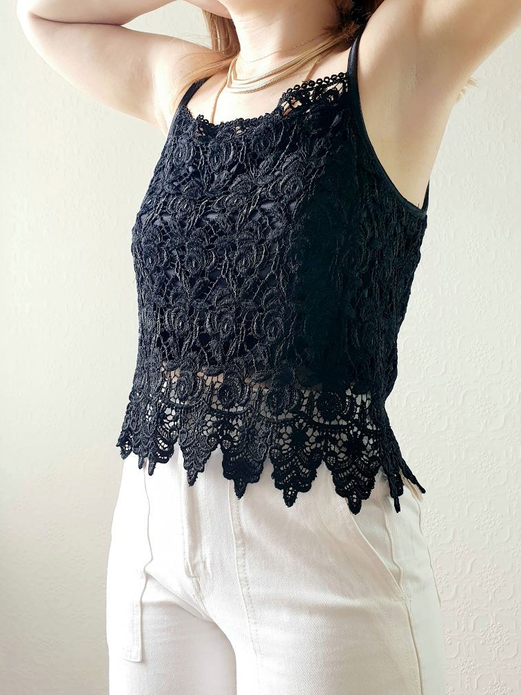 80s Black Lacy Tank Top - S