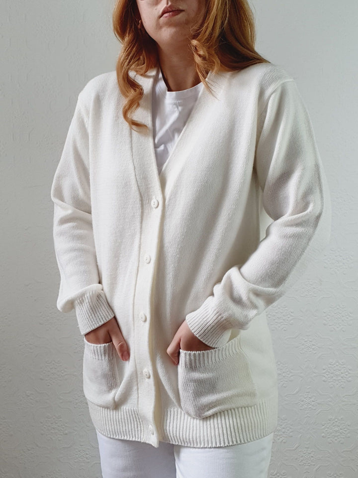 Vintage 80s Cream V-Neck Cardigan - M