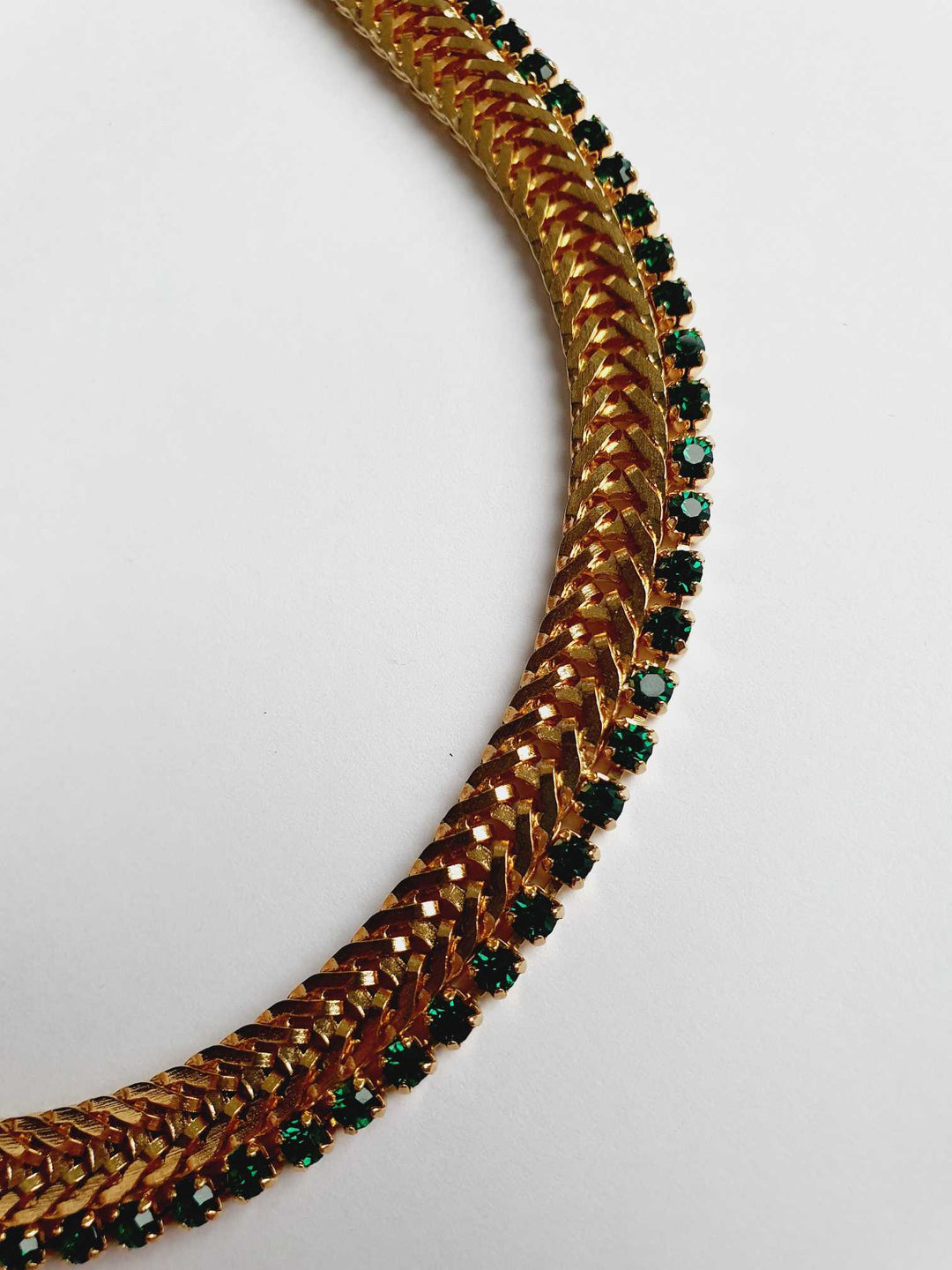 Vintage Gold Plated Herringbone Chain Necklace with Emerald Crystals