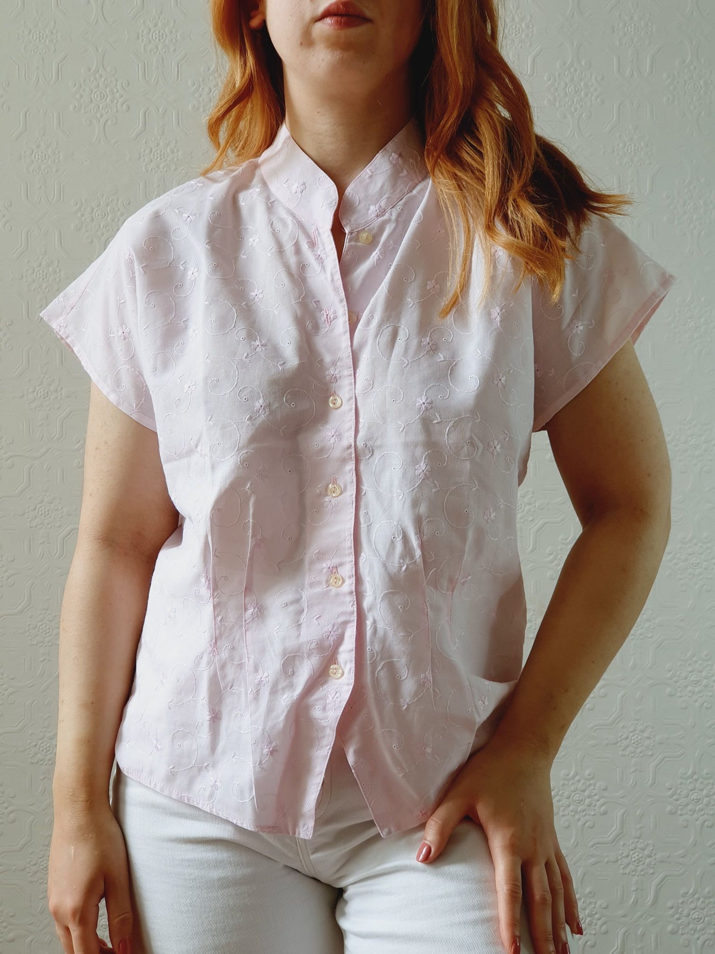 Vintage 80s Pale Pink Broderie Anglaise Blouse - S