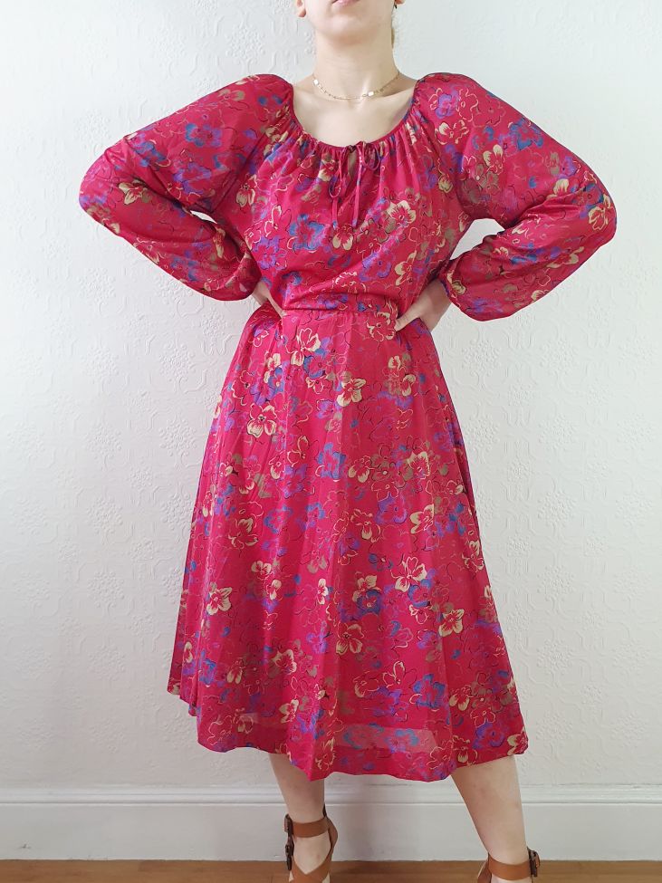 Vintage 80s Red Floral Dress with Long Balloon Sleeves - M