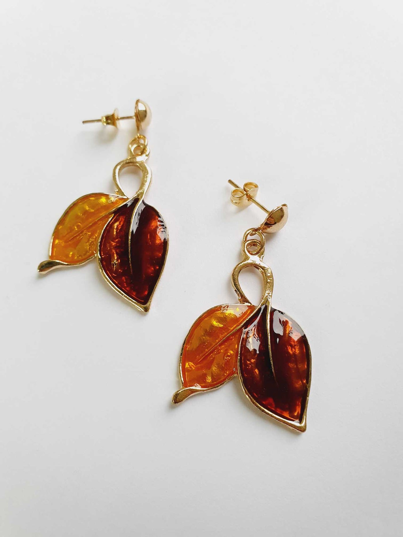 Vintage Gold Toned Enamel Leaf Earrings